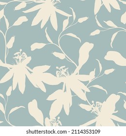 Tropic summer painting seamless pattern with exotic flower branch silhouette. Trendy exotic flower wallpaper on blue background.