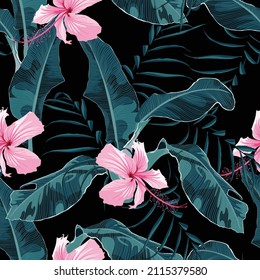 Tropic summer painting seamless pattern with palm banana leaf and hibiscus flowers. Floral jungle pink rhododendron flowers. Trendy bunch exotic flower wallpaper on black background.