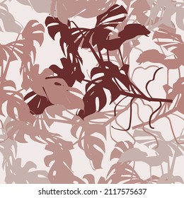 Tropic summer painting seamless pattern with exotic monstera branch silhouette. Trendy exotic flower wallpaper on brown background.