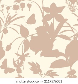 Tropic summer painting seamless pattern with exotic flower branch silhouette. Trendy exotic flower wallpaper on beige background.