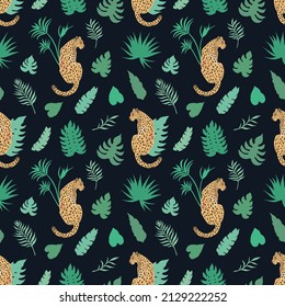 Tropic summer painting seamless pattern with leopard and tropical leaves. Tropical botanical Motives. Vector illustration. Summer decoration print for wrapping, wallpaper, fabric. 