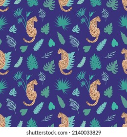 Tropic summer painting seamless pattern with leopard and tropical leaves. Tropical botanical Motives. Vector illustration. Summer decoration print for wrapping, wallpaper, fabric.