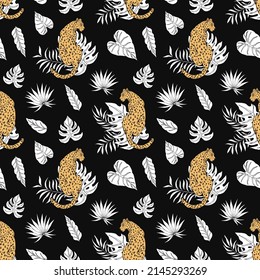 Tropic summer painting seamless pattern with leopard and tropical leaves. Tropical botanical Motives. Vector illustration. Summer decoration print for wrapping, wallpaper, fabric. 