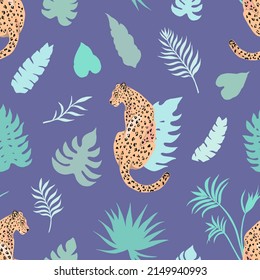 Tropic summer painting seamless pattern with leopard and tropical leaves. Tropical botanical motives. Vector illustration. Summer decoration print for wrapping, wallpaper, fabric.