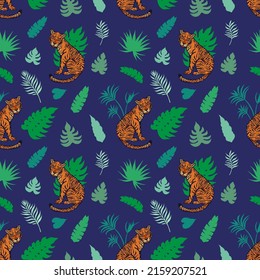 Tropic summer painting seamless pattern with tiger and tropical leaves. Tropical botanical Motives. Vector illustration. Summer decoration print for wrapping, wallpaper, fabric. 