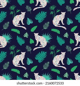 Tropic summer painting seamless pattern with leopard and tropical leaves. Tropical botanical Motives. Vector illustration. Summer decoration print for wrapping, wallpaper, fabric. 