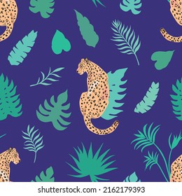 Tropic summer painting seamless pattern with leopard and tropical leaves. Tropical botanical motives. Vector illustration. Summer decoration print for wrapping, wallpaper, fabric.