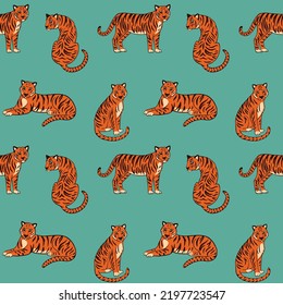 Tropic summer painting seamless pattern with tigers. Vector illustration. Summer decoration print for wrapping, wallpaper, fabric. 