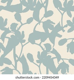 Tropic summer painting seamless pattern with garden flower branch silhouette. Trendy exotic flower wallpaper on a vintage yellow background.