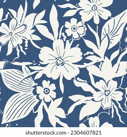 Tropic summer painting seamless pattern with exotic flower branch silhouette. Trendy exotic flower wallpaper on blue background.