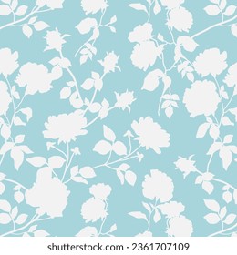 Tropic summer painting seamless pattern with exotic flower branch silhouette. Trendy exotic flower wallpaper on blue background.