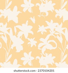 Pintura veraniega tropical sin fisuras con silueta de ramas de flores exóticas. Papel pintado de flores exóticas de moda sobre fondo amarillo.