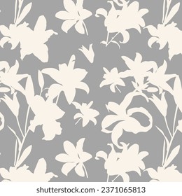 Tropic summer painting seamless pattern with exotic flower branch silhouette. Trendy exotic flower wallpaper on grey background.