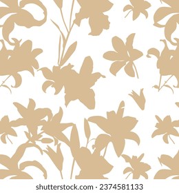 Tropic summer painting seamless pattern with exotic flower branch silhouette. Trendy exotic flower wallpaper on white background.