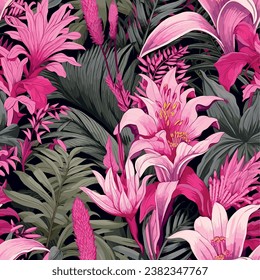 Tropic summer painting seamless pattern with palm leaf and plants. Floral jungle pink flowers. Trendy bunch exotic flower wallpaper