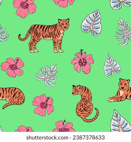 Tropic summer painting seamless pattern with tigers and tropical plants. Vector illustration. Summer decoration print for wrapping, wallpaper, fabric. 