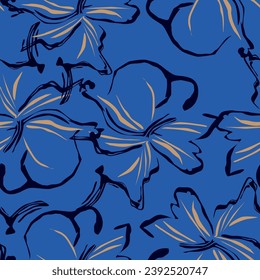 Tropische Sommermalerei nahtlose Muster mit exotischen Blumenzweig Silhouette. Trendige exotische Blumenhintergründe auf blauem Hintergrund.