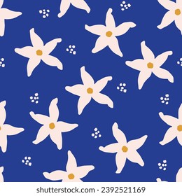 Tropic summer painting seamless pattern with exotic flower branch silhouette. Trendy exotic flower wallpaper on blue background.