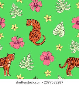 Tropic summer painting seamless pattern with tigers and tropical plants. Vector illustration. Summer decoration print for wrapping, wallpaper, fabric. 