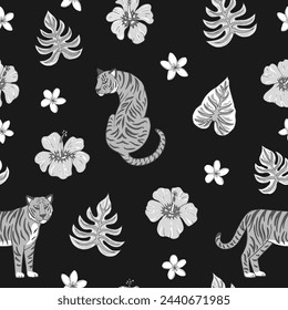 Tropic summer painting seamless pattern with tigers and tropical plants. Vector illustration. Summer decoration print for wrapping, wallpaper, fabric. 