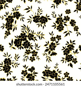 Tropische Sommer-Malerei nahtlose Muster mit exotischen Blumen Zweig Silhouette. Trendiger exotischer Blumen-Bildschirmhintergrund auf blauem Hintergrund. Blumen-Silhouetten mit Pinsel bemalt. Zwei Farben Blumen Muster