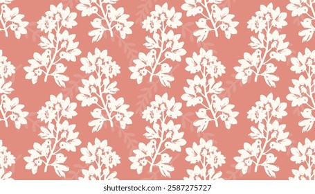 Tropic summer painting seamless pattern with exotic flower branch silhouette. Trendy exotic flower wallpaper on an orange background. Design for texture, fabric, clothing, wrapping, decoration