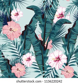 Tropic summer painting seamless vector pattern with palm banana leaf and plants. Floral jungle hibiscus paradise flowers. Trendy bunch exotic  wallpaper on mint background. Vintage colors.