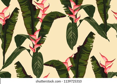 Tropic summer painting seamless vector pattern with palm banana leaf and plants. Floral jungle heliconia paradise flowers. Trendy bunch exotic  wallpaper on yellow background. Vintage colors.