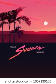 Tropic summer paradise graphic template with summer logo and space for text, flat simple vector 80's Design