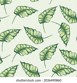 Tropic summer seamless leaf pattern with exotic green liana branch. Trendy exotic leaf wallpaper on light green background.