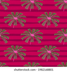 Tropic summer seamless pattern with green doodle palm licuala shapes. Pink striped background. Perfect for fabric design, textile print, wrapping, cover. Vector illustration.
