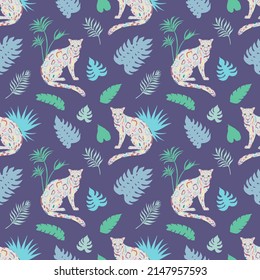 Tropic summer seamless vector pattern with leopard and tropical leaves. Tropical botanical Motives. Vector illustration. Summer decoration print for wrapping, wallpaper, fabric. 