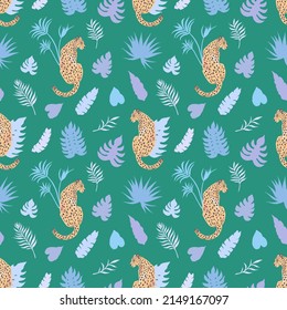 Tropic summer seamless vector pattern with leopard and tropical leaves. Tropical botanical Motives. Vector illustration. Summer decoration print for wrapping, wallpaper, fabric. 
