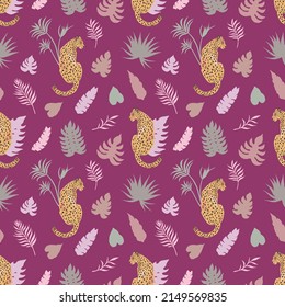 Tropic summer seamless vector pattern with leopard and tropical leaves. Tropical botanical motives. Vector illustration. Summer decoration print for wrapping, wallpaper, fabric. 