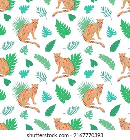 Tropic summer seamless vector pattern with leopard and tropical leaves. Tropical botanical motives. Vector illustration. Summer decoration print for wrapping, wallpaper, fabric. 