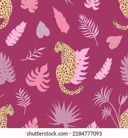 Tropic summer seamless vector pattern with leopard and tropical leaves. Tropical botanical motives. Vector illustration. Summer decoration print for wrapping, wallpaper, fabric. 