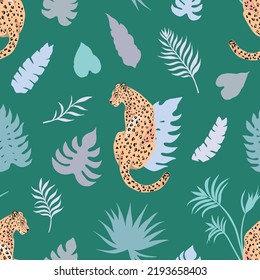 Tropic summer seamless vector pattern with leopard and tropical leaves. Tropical botanical Motives. Vector illustration. Summer decoration print for wrapping, wallpaper, fabric. 