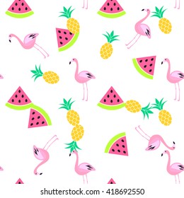 Tropic summer seamless white pattern with watermelon, flamingo and pineapples. Pink and yellow fun pattern.