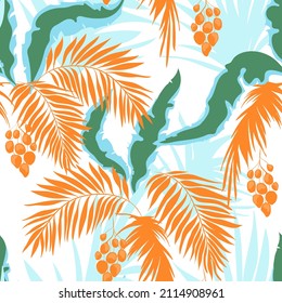 Impresión vectorial de verano tropical. Fondo botánico sin foco con hojas de palma y flores.