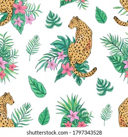 Tropic summer vector seamless pattern with leopard and tropical plants. Tropical botanical Motives. Vector illustration. Summer decoration print for wrapping, wallpaper, fabric. 