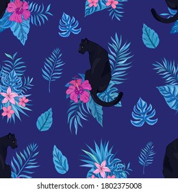 Tropic summer vector seamless pattern with panther and tropical plants. Tropical botanical Motives. Vector illustration. Summer decoration print for wrapping, wallpaper, fabric. 