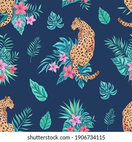 Tropic summer vector seamless pattern with leopard and tropical plants. Tropical botanical Motives. Vector illustration. Summer decoration print for wrapping, wallpaper, fabric. 