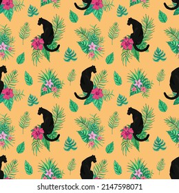 Tropic summer vector seamless pattern with panther and tropical plants. Tropical botanical Motives. Vector illustration. Summer decoration print for wrapping, wallpaper, fabric. 