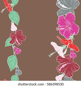 Tropic summertime motif can be used as texture, wrapping paper, textile. Vector seamless pattern of tropical hibiscus flowers, dense jungle. Hand drawn pattern in pink and red colors with copy space.