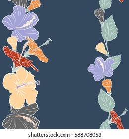 Tropic summertime motif can be used as texture, wrapping paper, textile. Vector seamless pattern of tropical hibiscus flowers, dense jungle. Hand drawn pattern in gray, orange colors with copy space.