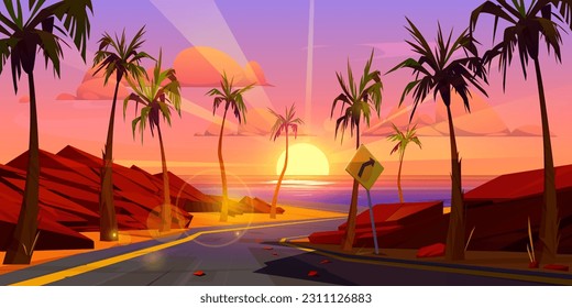 Carretera tropical para la puesta de sol en la playa del mar. Dibujo vectorial de una carretera peligrosa con signo de advertencia de giro agudo, piedras rocosas y palmeras a lo largo de la costa vacía, cielo nocturno con nubes naranjas