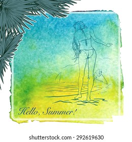 Tropic sunset with silhouettes of Palm trees and a girl standing on the beach. Line drawing isolated on top of the traced watercolor background. EPS10 vector illustration.