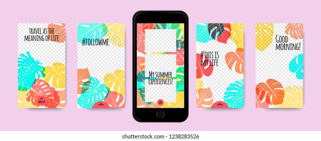 Tropic Template for Social Media Stories. Philodendron Leaf and Photo Frame. Tropical Screen Wallpaper for Smart Phone, Mobile. Social Network Story Design with Swipe Up. Tropic Cover, Floral Pattern.