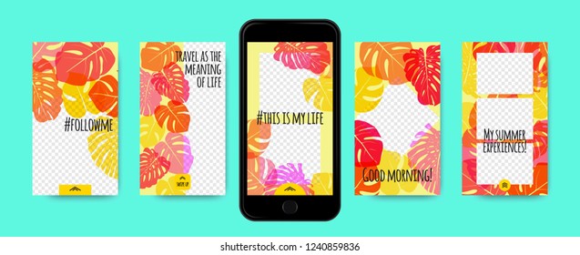 Tropic Template for Social Media Stories. Philodendron Leaf and Photo Frame. Tropical Screen Wallpaper for Smart Phone, Mobile. Social Network Story Design with Swipe Up. Tropic Cover, Floral Pattern.