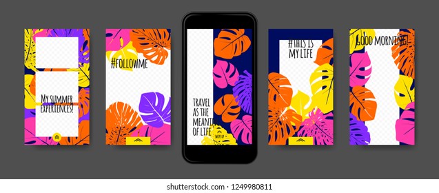 Tropic Template for Social Media Stories. Philodendron Leaf and Photo Frame. Tropical Screen Wallpaper for Smart Phone, Mobile. Social Network Story Design with Swipe Up. Tropic Cover, Floral Pattern.